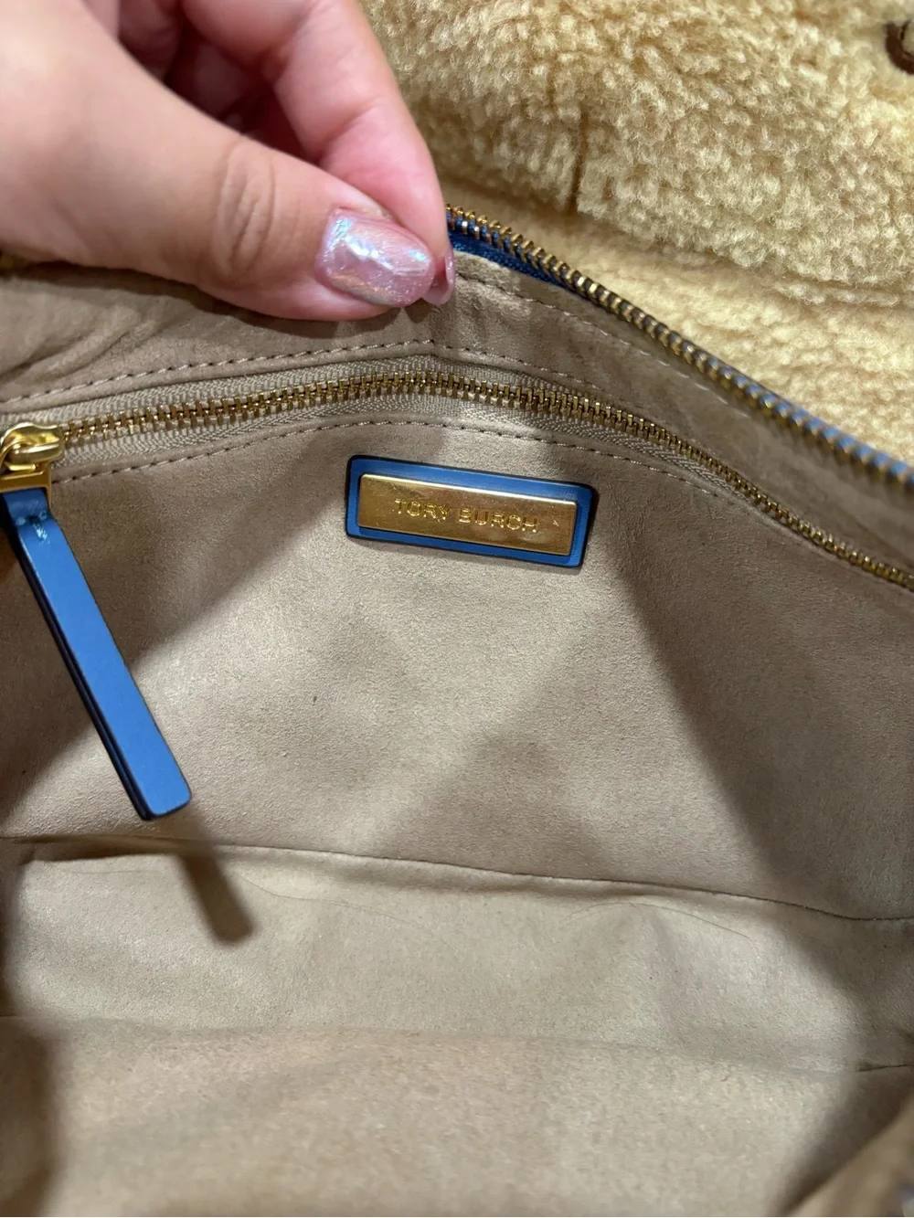 Tory Burch Blue Floral Embroidered Shoulder Bag with Gold Colored Hardware